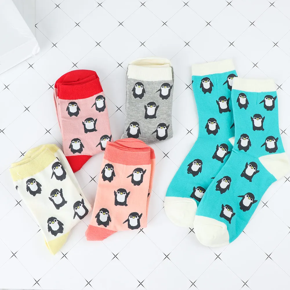 Носки женские хлопковые в полоску удобные короткие теплые с рисунком пингвина