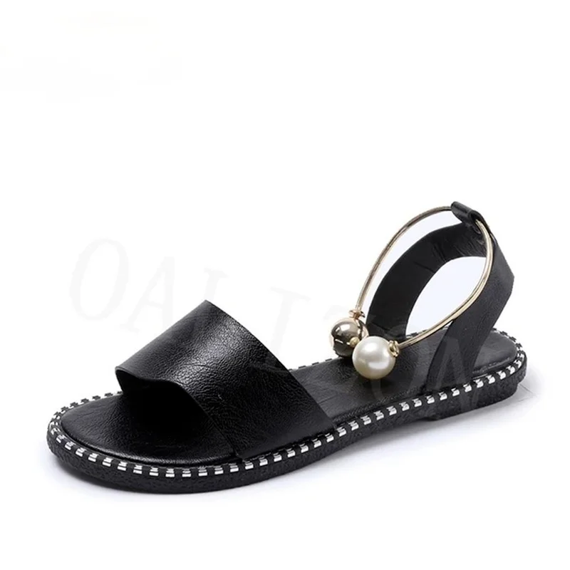 

Summer Women Fashion Sandals Big Bead Pearl Strap Pu Leather Flat Peep Toe Rubber Sole Outdoor Casual Ladies Shoes Female 2021