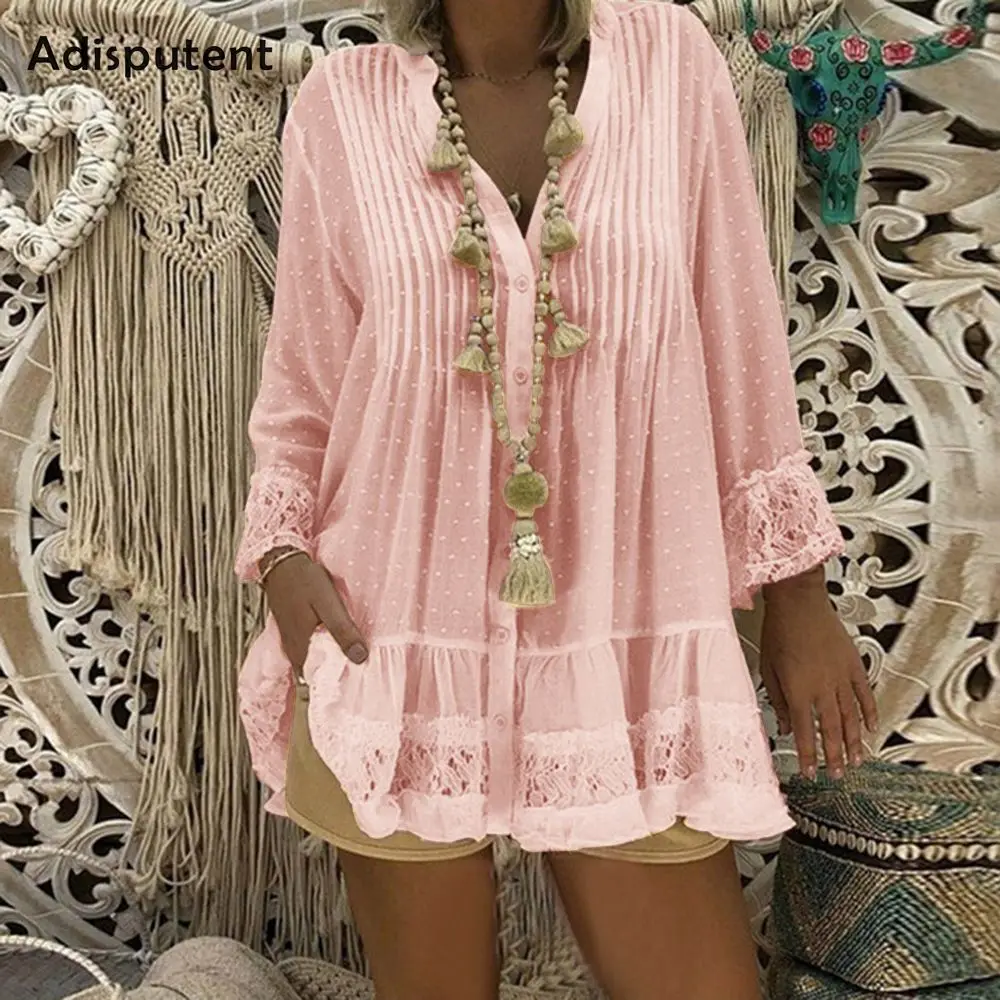 Женское кружевное платье рубашка с длинным рукавом и v образным вырезом