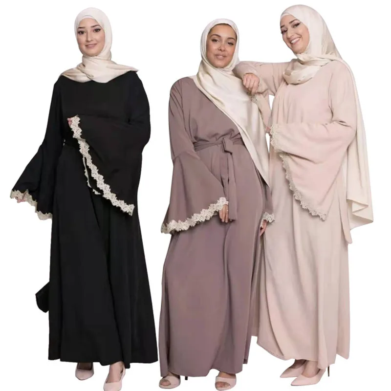 Женские платья Abaya, мусульманские кафтаны, Средний Восток, Базовый стиль, мусульманская молитвенная одежда, однотонное кружевное платье с р...