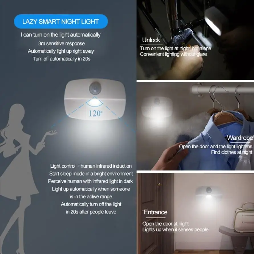 

LED Infrared Sensor Light Night Light Toilet Light Wall Lights Baby Bedroom Bedside Lamp Backlight Closet Cabinet Light Stairway