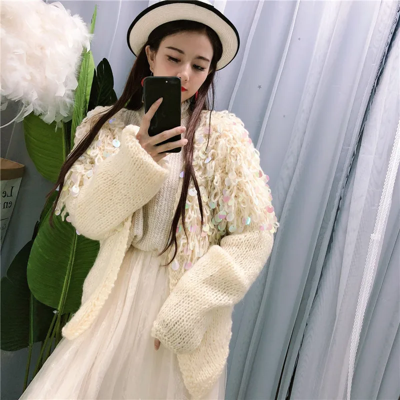 WHITNEY WANG 2019 Autumn Winter Fashion Streetwear Curly Sequins Cardigan Women Sweater Jumper sueter mujer invierno |