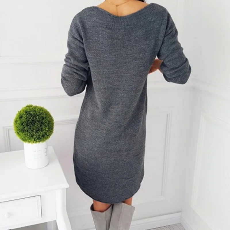 Женское повседневное свободное облегающее прямое мини платье однотонное свитер