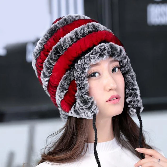 Lady Real Fur Earflap Hats Women Natural Rex Rabbit Fur Beanies Cap Russian Winter Warm Genuine Fur Hat Wholesale - Цвет: red grey