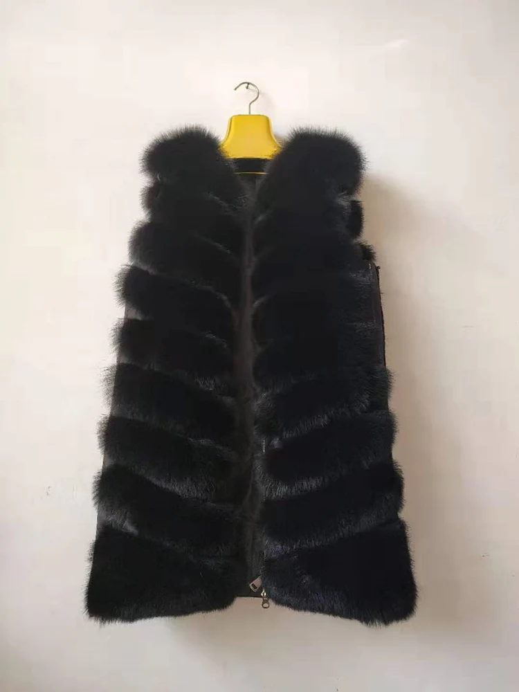 Черный New Fashion Fox Fur Vest Zipper Real Fur Jacket Female Winter Warm Fur Coat High Quality Leather Vest Fur Fox - Цвет: Черный