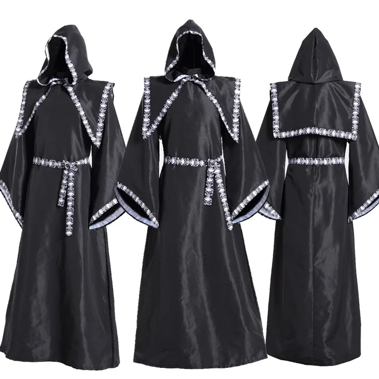

Halloween Black Gowny Wizard Costume Adult Coss Clothes Black Horror Witch Masquerade Skeleton Death Costume