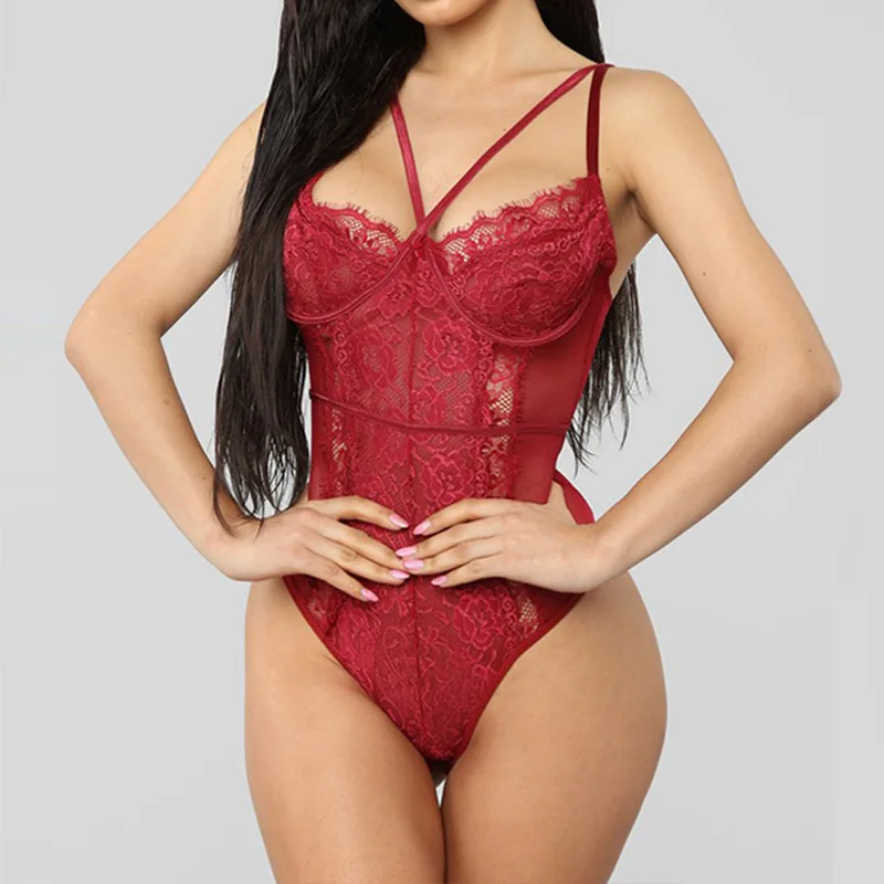 

Sexy Lace Plus Size Bodysuit Women Body Sleveless Bodycon Rompers Push up Overalls Female Deep-v Bodysuits