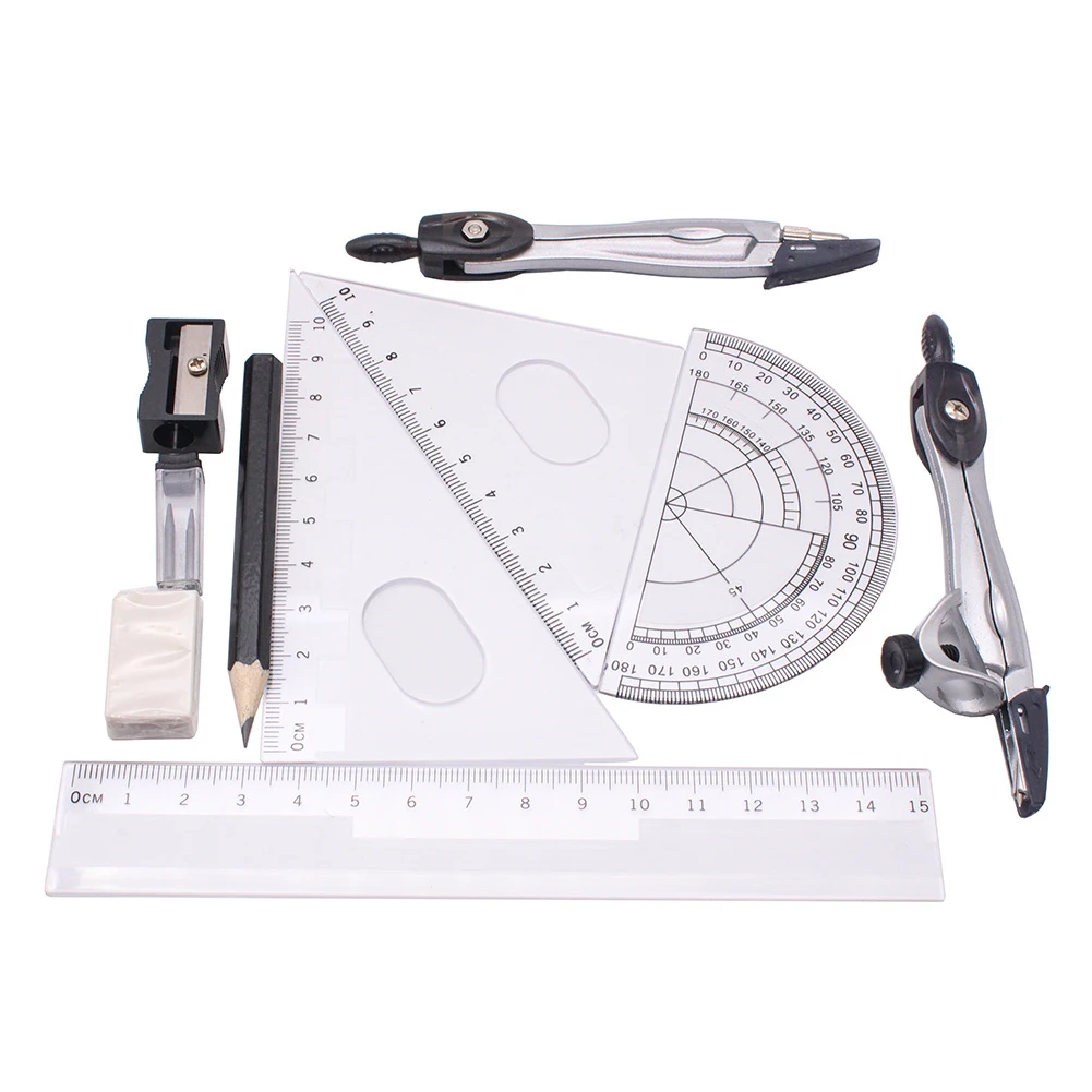 10pcs Geometry Ruler Protractor Stationery Eraser Drawing School Set Squares For Students Compasses Math |
