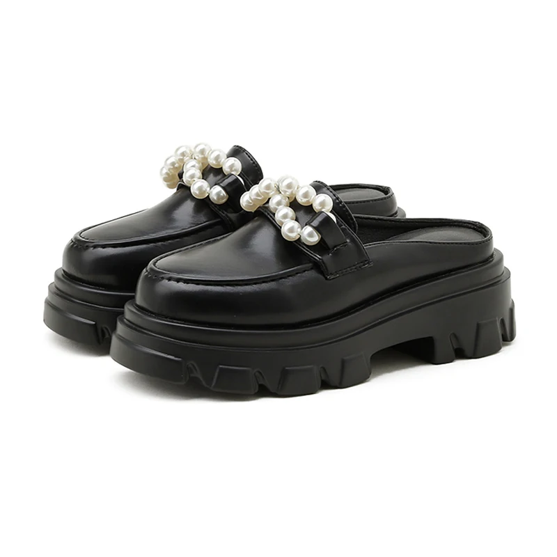 

String Bead Platform Mules Women Leather PU Wedges Slippers Round Toe Pump Slip on Heighten Shoes Casual Sandalias Mujer Black