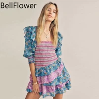 chiffon floral print summer dress bohemian clothes vintage flounced edge puff sleeve pullover square collar sexy smocked dress