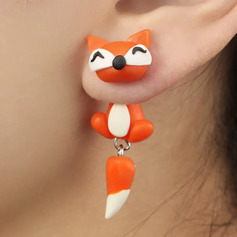 Серьги-гвоздики ручной работы из полимерной глины в виде лисы милые серьги с