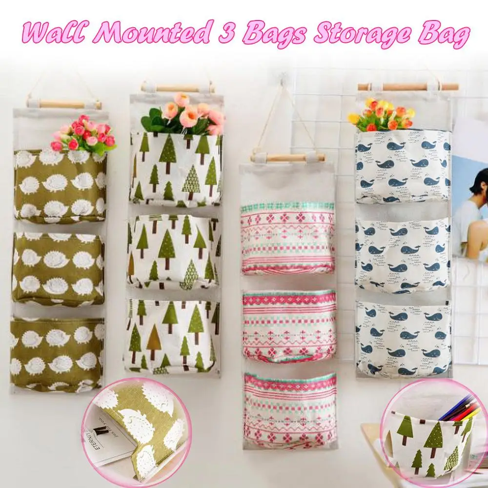 Настенная сумка для хранения с 3 карманами простая хлопковая подвесная гардероба