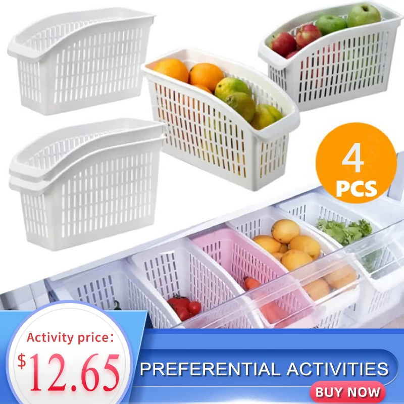 

4pcs Refrigerator Organizer Basket Container Hollow Plastic Container Storage Box Fridge Fresh Spacer Layer Storage Box