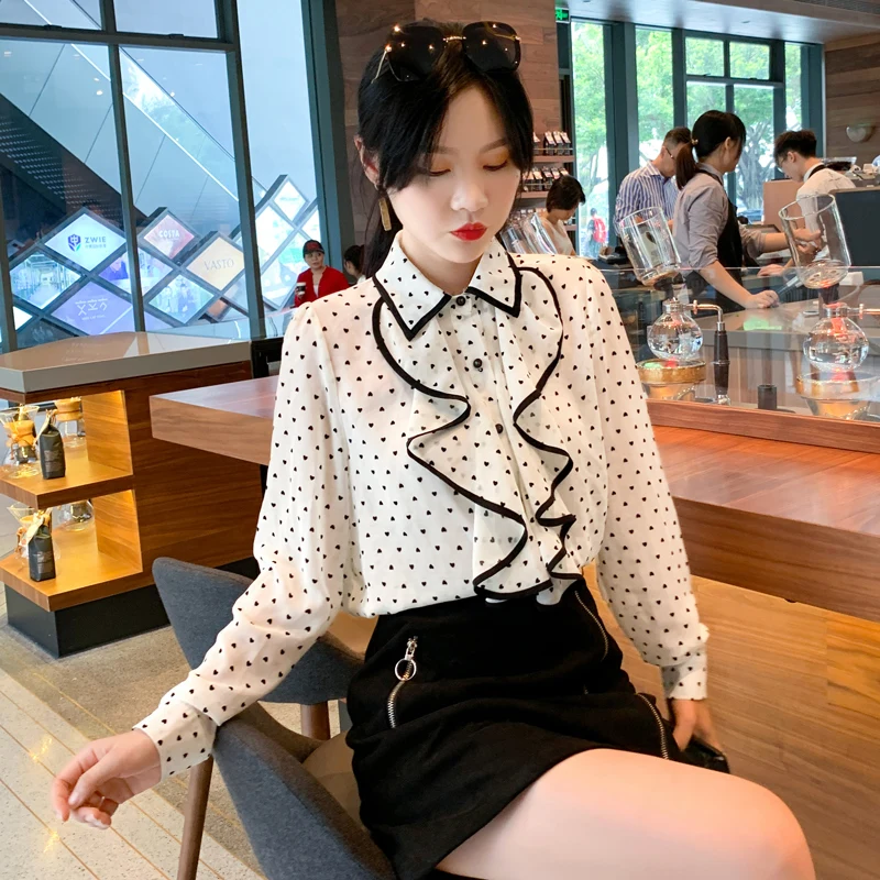 Blusas Mujer De Moda 2021 с длинным рукавом оборками в черный горошек для маленьких девочек