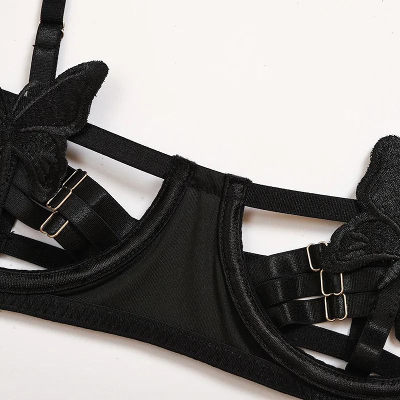 

OKKDEY Sexy Lingerie Set Butterfly Applique Hollow Perspective Bra Set Underwire Gather Bra+Sexy Thong Black Underwear Women set