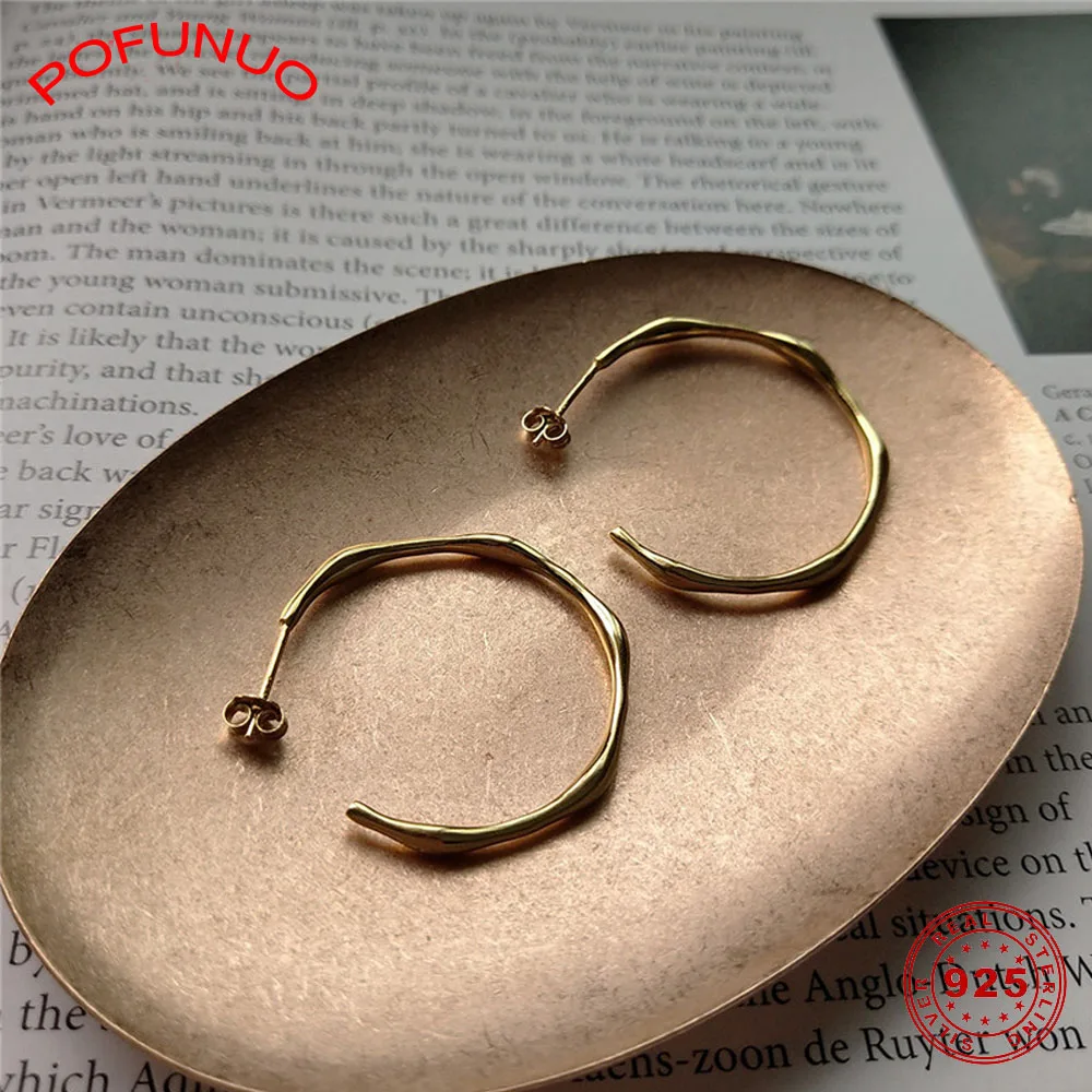 Серьги кольца POFUNUO женские из серебра 925 пробы с геометрическим