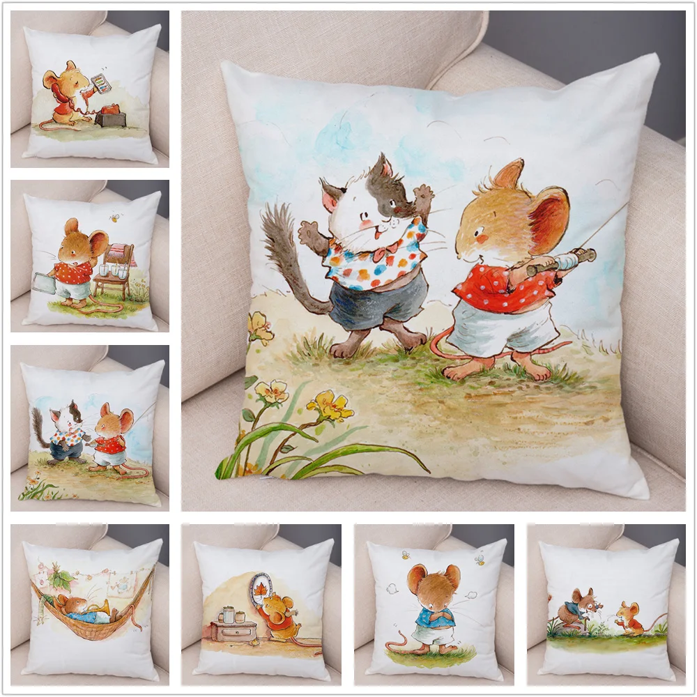 

Watercolor Cute Cartoon Mouse Cushion Cover Super Soft Short Plush Pillow Case 45*45cm Decor Animal Children Story cojines