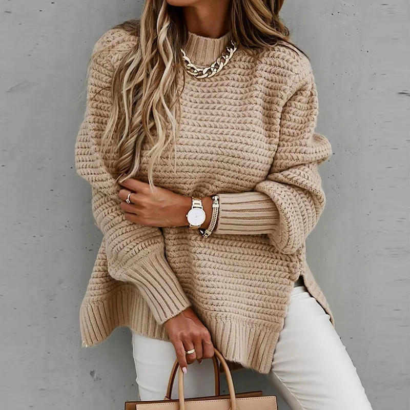 

Wepbel Solid Long Sleeves Pullover Jumpers Women Turtleneck Sweaters Loose-Fitting Thick Needle Side Slit Knitted Sweater