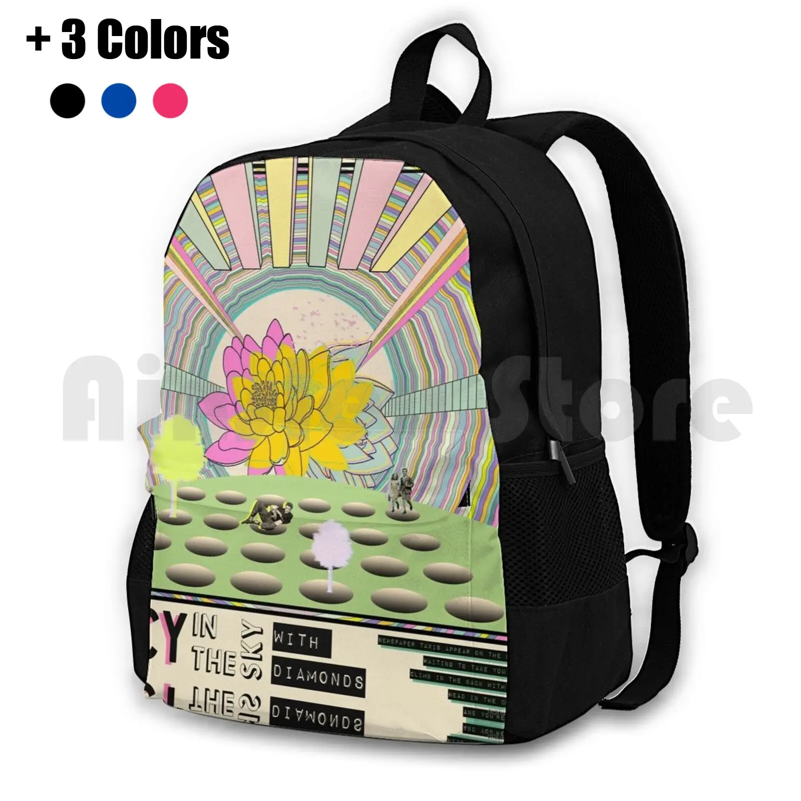 

Lucy In The Sky With Diamonds Outdoor Hiking Backpack Waterproof Camping Travel Lucyinthesky Rainbow Graphic Vintage Trippy