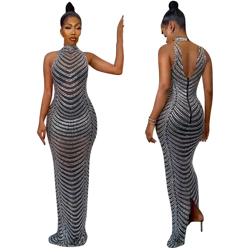 

KEXU женское сексуальное прозрачное Сетчатое Сверкающее платье со стразами облегающее платье с открытой спиной вечернее Клубное платье Макс...