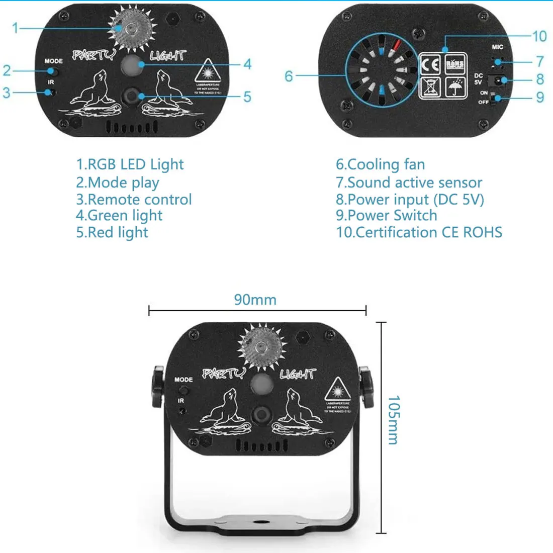 Мини RGB LED дискотечный светильник 60 узоров USB перезарядка Лазерная лампа 5V
