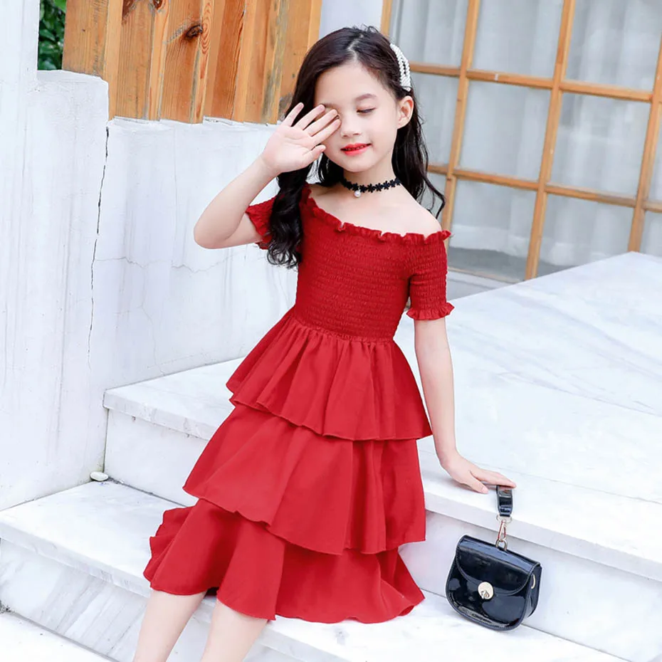 Платье для девочек платья с открытыми плечами однотонное детское нарядное