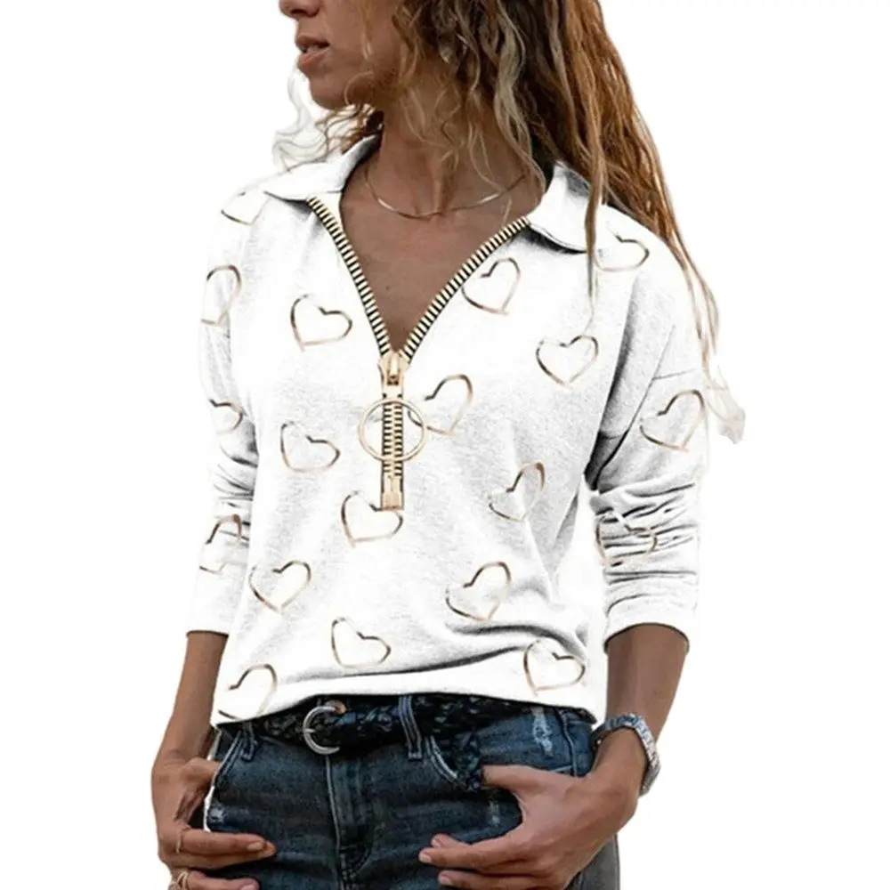 Женская футболка на молнии с принтом сердечек повседневный Свободный пуловер