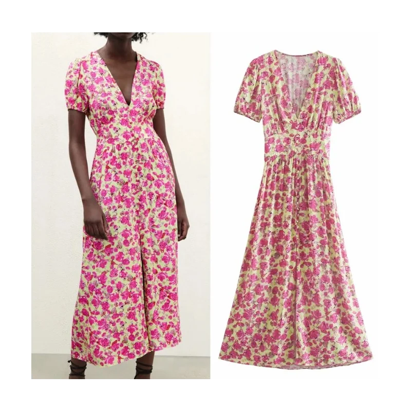 

Summer Floral Retro Lotus Leaf Slit Womens Long Skirt Pink Mid-length Summer Dress Short Sleeve Puff Sleeve Elegant Dress