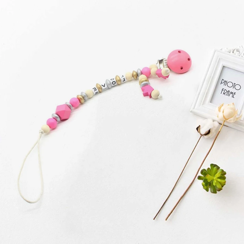 1PCS Wood Silicone Beads Baby Pacifier Clips Chain Nipple Pacifier Chain Holder Letter Charms Teether Toys Anti-Drop Chains