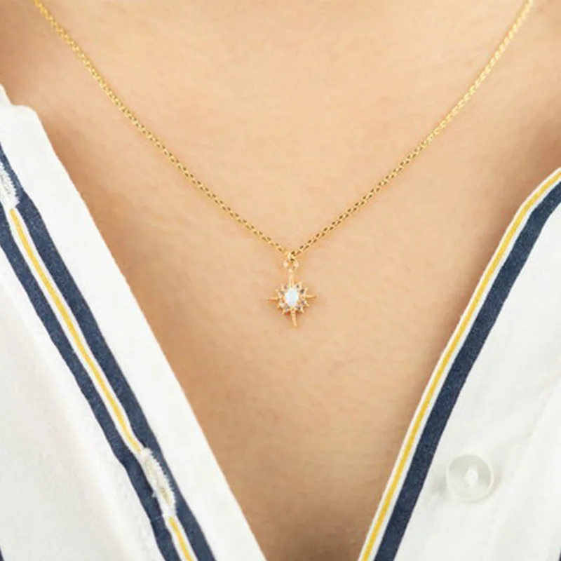 

Vintage Female White Opal Pendant Necklace Elegant Gold Color Long Chain Necklace Charm Crystal Star Wedding Necklace For Women