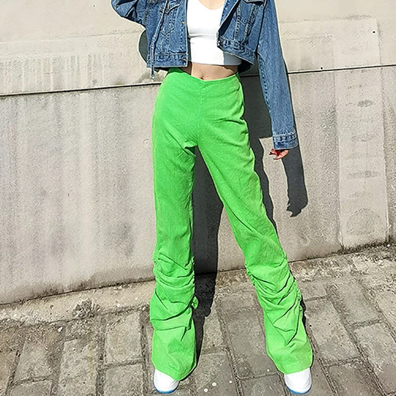 

SHENPALAE Streetwear Folds Trousers Women's Spring Autumn 2021 New High Waist Green Stright Regular Pants Female Tide 5C825