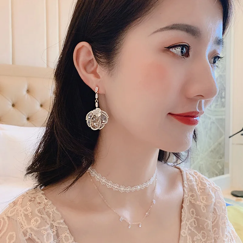 MENGJIQIAO, Япония, новинка, ручная работа, элегантные, в виде ракушки, цветок, блестящий, циркон, Висячие серьги для женщин, студентов, Brincos, вечерние ювелирные изделия, подарки