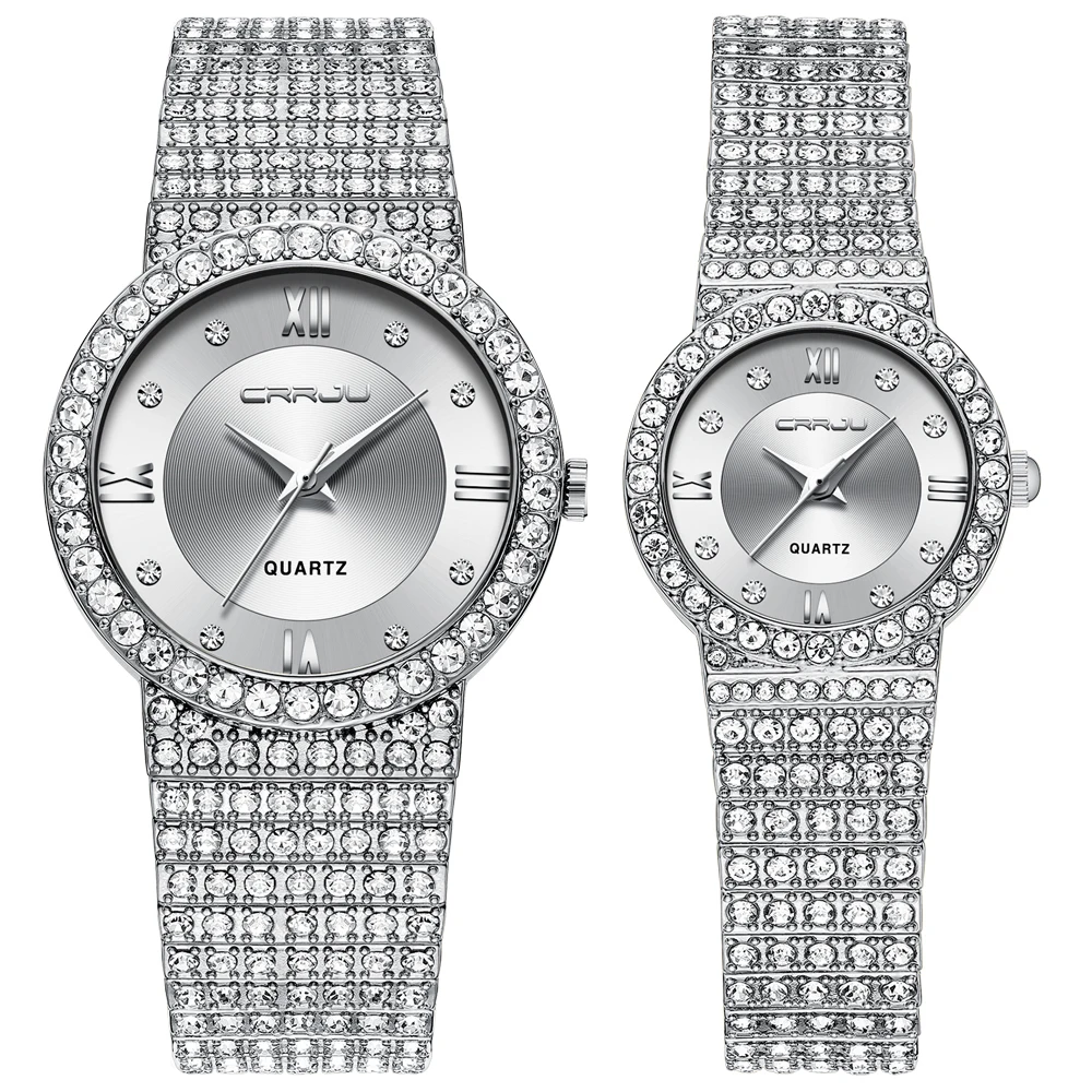

CRRJU Women Men Luxury Round Dial Jewelry Bracelet lover Watches Ladies Quartz Couple Rhinestone Gift Wristwatch steel relogio