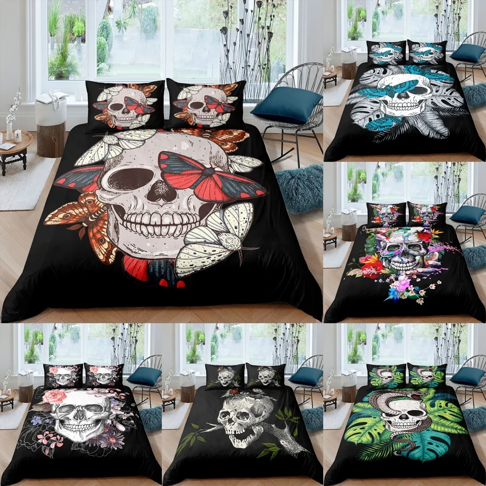 

Watercolor Skull Duvet Cover With Pillowcase Butterfly Snake Bird Green Leaves Quilt Covers Colorful Floral Flowers Bedding Sets