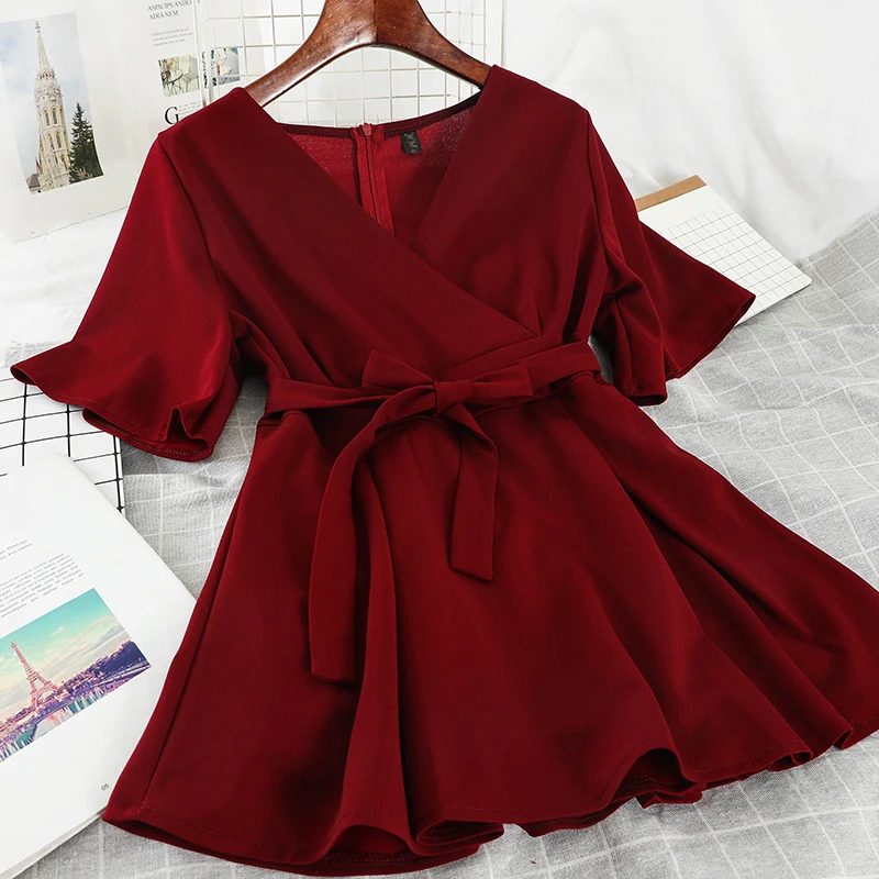 Женское платье с высокой талией повседневное однотонное v-образным вырезом и