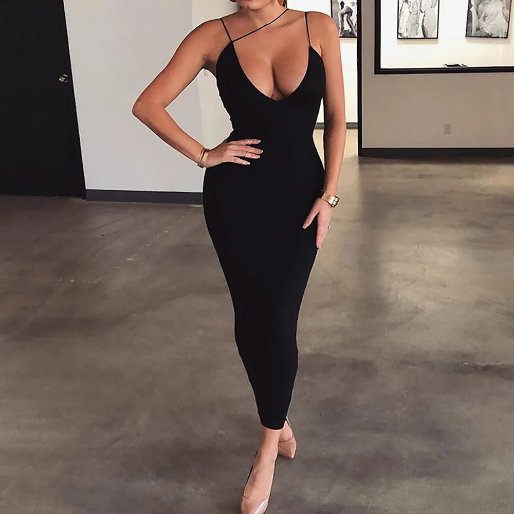

2021 New Summer Women's V-neck Halter Strap Long Dress Solid Color One-piece Dress Tight Sexy Dress Women Long Casual Dresses