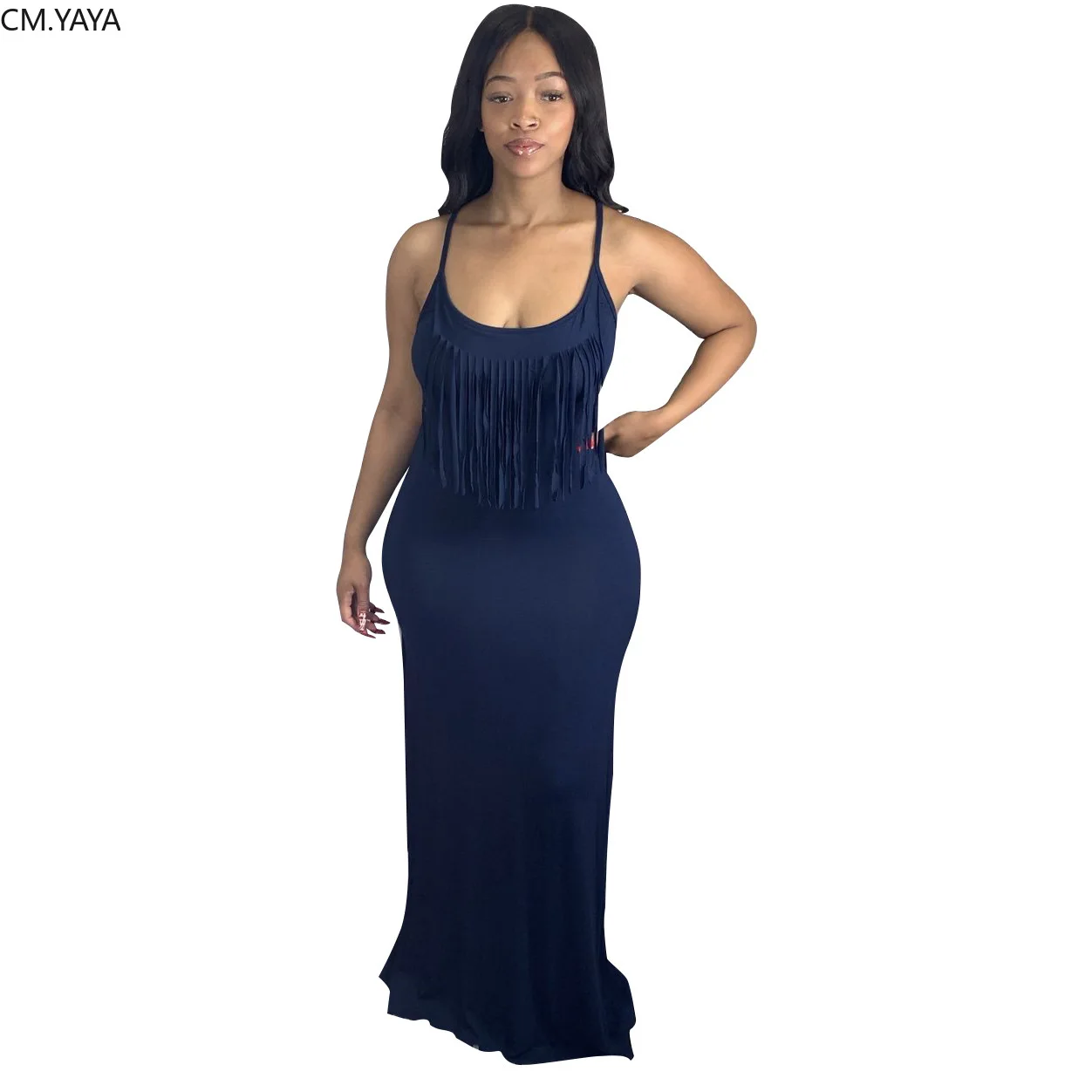 CM.YAYA Women Spaghetti Strap Tassel Splicing Open Back Sleeveless Midi Maxi Dress Casual Long Tank Dresses | Женская одежда