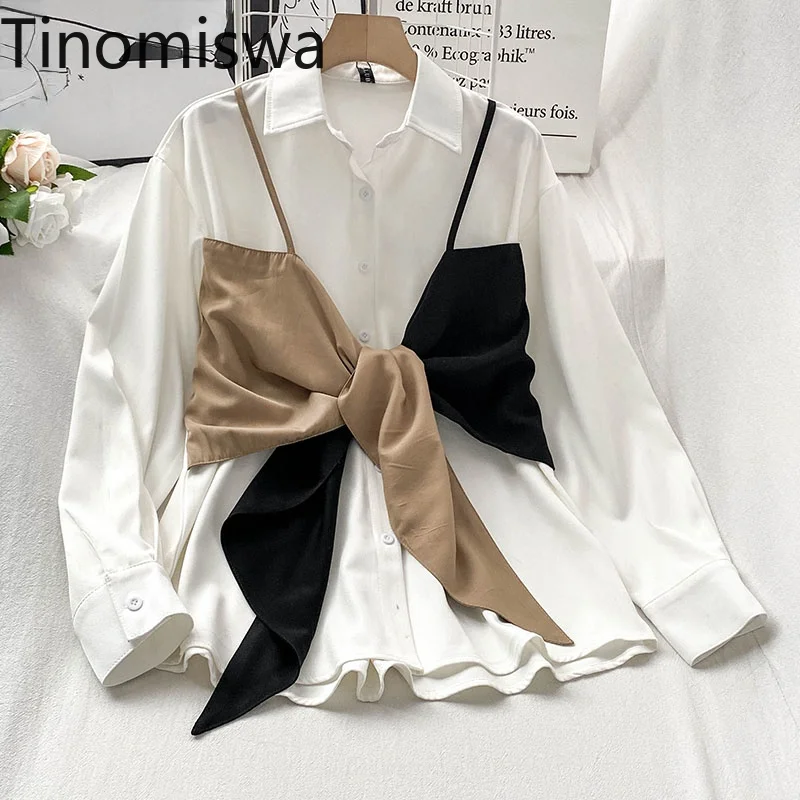 Tinomiswa с бантом Лоскутные рубашки из двух частей женские длинным рукавом
