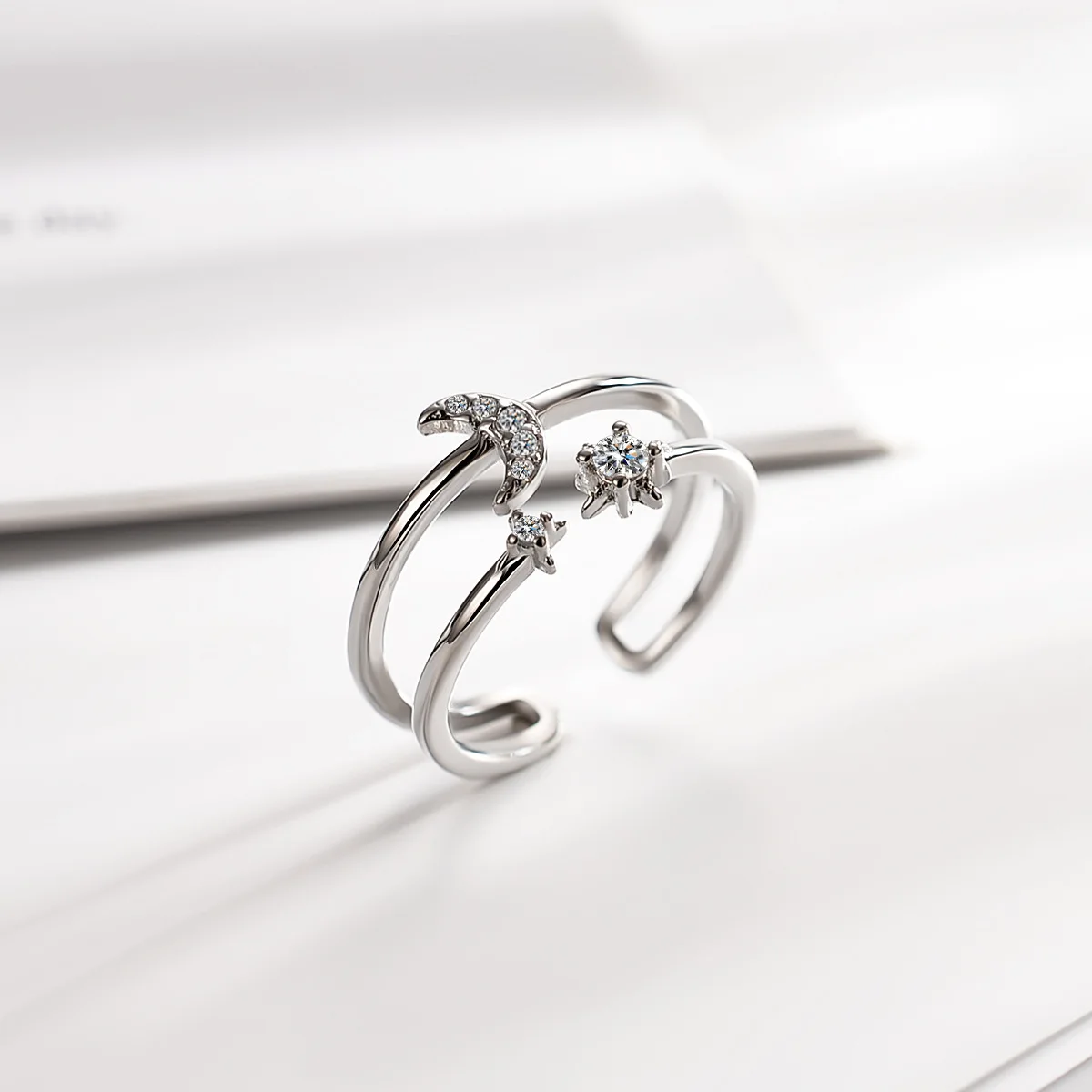 Silver Plated Design Moon Double Deck Ring Fashion Lady AAA Cubic Zirconia Star Open Simple Luxury Girl Valentine Day Gift | Украшения и