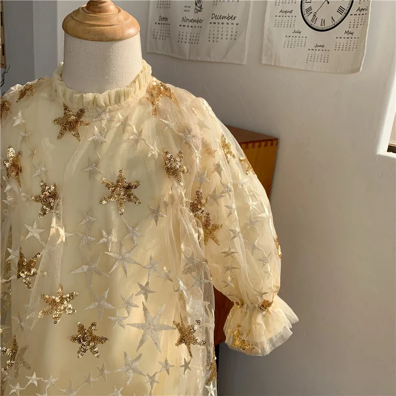 Spring fashion girls five-pointed star embroidery paillette princess dress 2020 kids mesh party dresses | Детская одежда и обувь