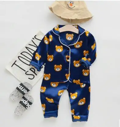 blue Летние детские пижамы, костюм из 2 предметов Детский костюм из двух предметов с короткими рукавами и рисунком медведя из мультфильма для мальчиков Одежда для маленьких мальчиков - Цвет: blue