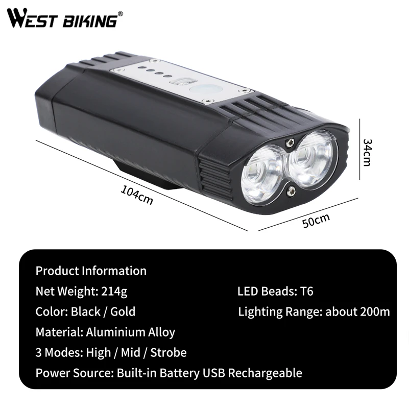 

WEST BIKING 4000mAh Bicycle Light T6 USB MTB Road Bike Headlight Flashlight Bike Accessories 5 Mode LED Cycling Front light Lamp