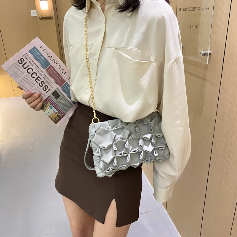 Handbag 2023 Women Brand Flower Weave Hand Clutches Purse Leather Chain Shoulder Bags Women Messenger Bag Female Bolsos