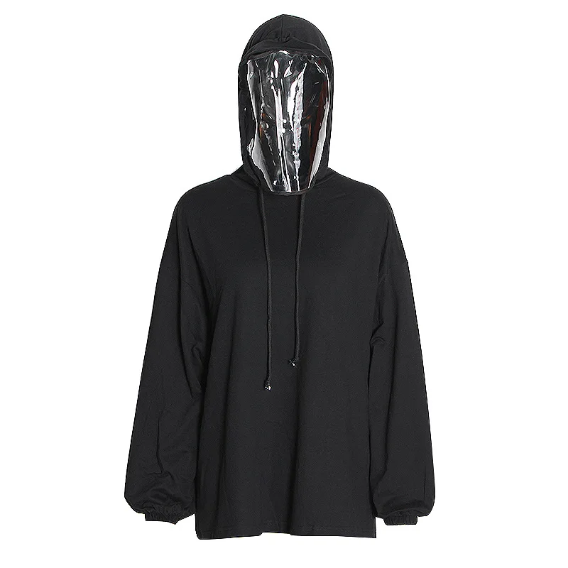 

Factory direct tide brand solid color dark black protective hooded loose long long sleeve new women's clothing