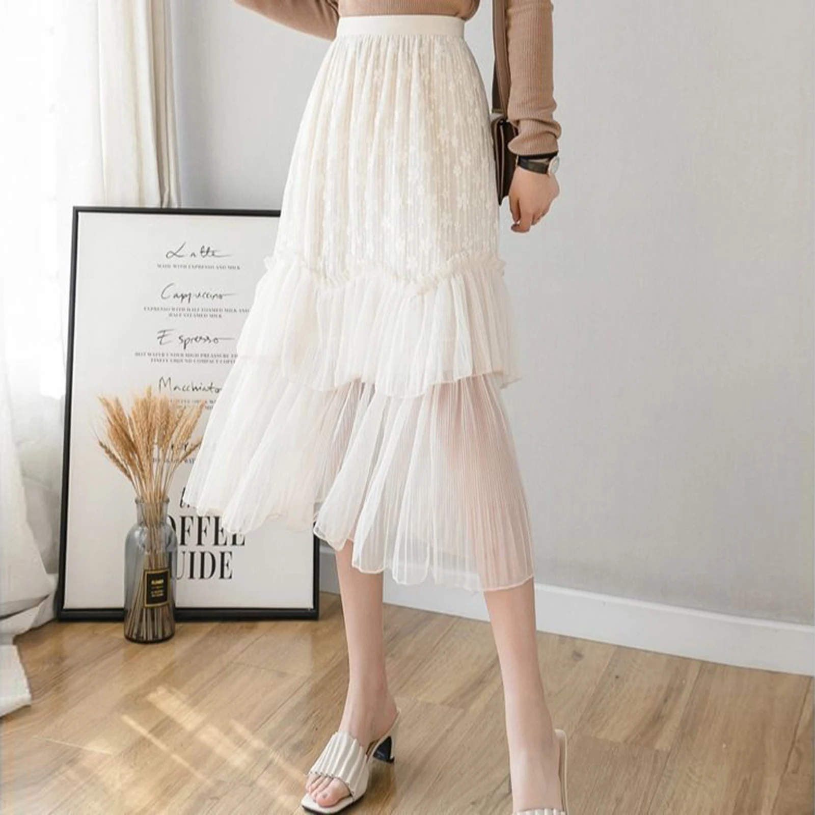 

Женская летняя Юбка-миди с цветочной вышивкой, трапециевидная кружевная юбка с плиссированным подолом и высокой талией, 2022