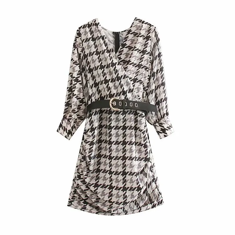 Женское модное платье с узором &quotгусиная лапка&quot v-образный вырез длинный рукав