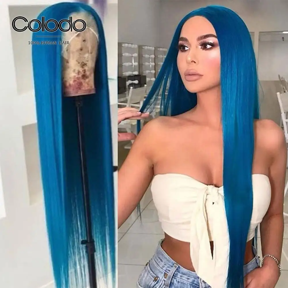 COLODO прямые парики с кружевом спереди волосами младенца синий цвет Remy бразильские