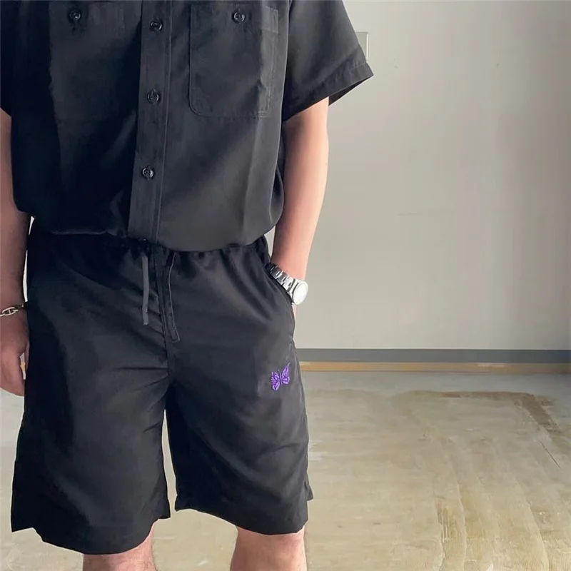 

21SS AWGE Needles Shorts Black Nylon Frabic Men Women 1:1 High Quality Butterfly Embroidered Beach Shorts Breechcloth