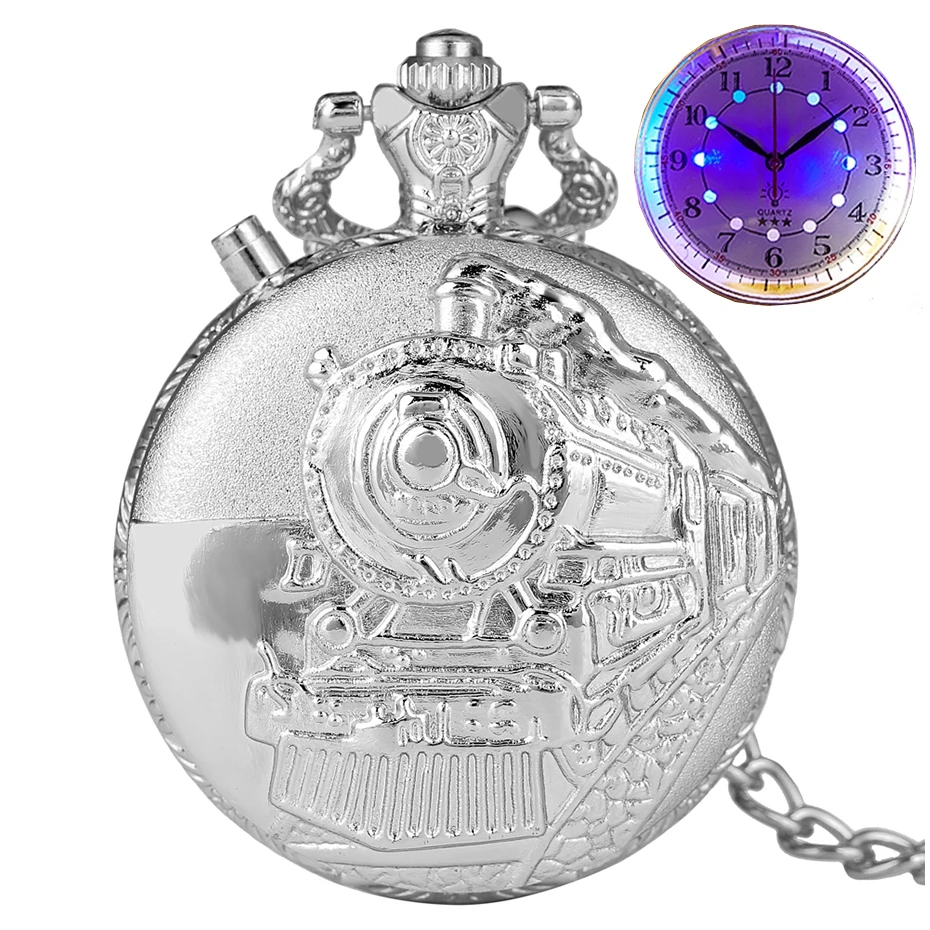 

Silver Luminous LED Dial Quartz Pocket Watch Carved Train Locomotive Engine Steampunk Motor Railway Chain Pocket Fob Watches