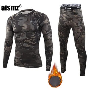 Aismz Winter Thermal Underwear Men Warm Fitness Fleece Legging Tight Undershirts Compression Quick D